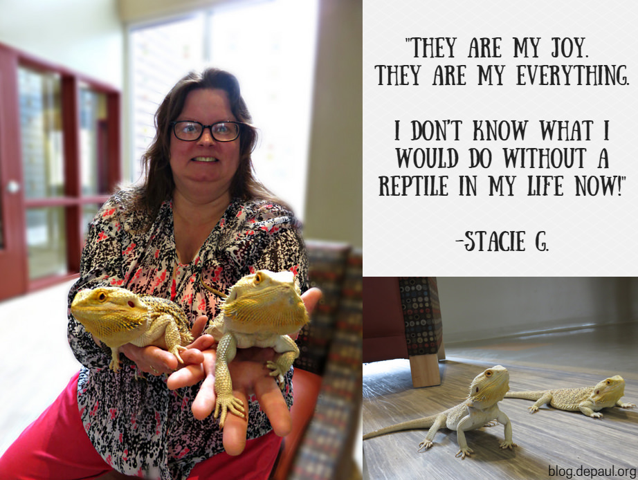 Stacie G. holding her reptiles. 