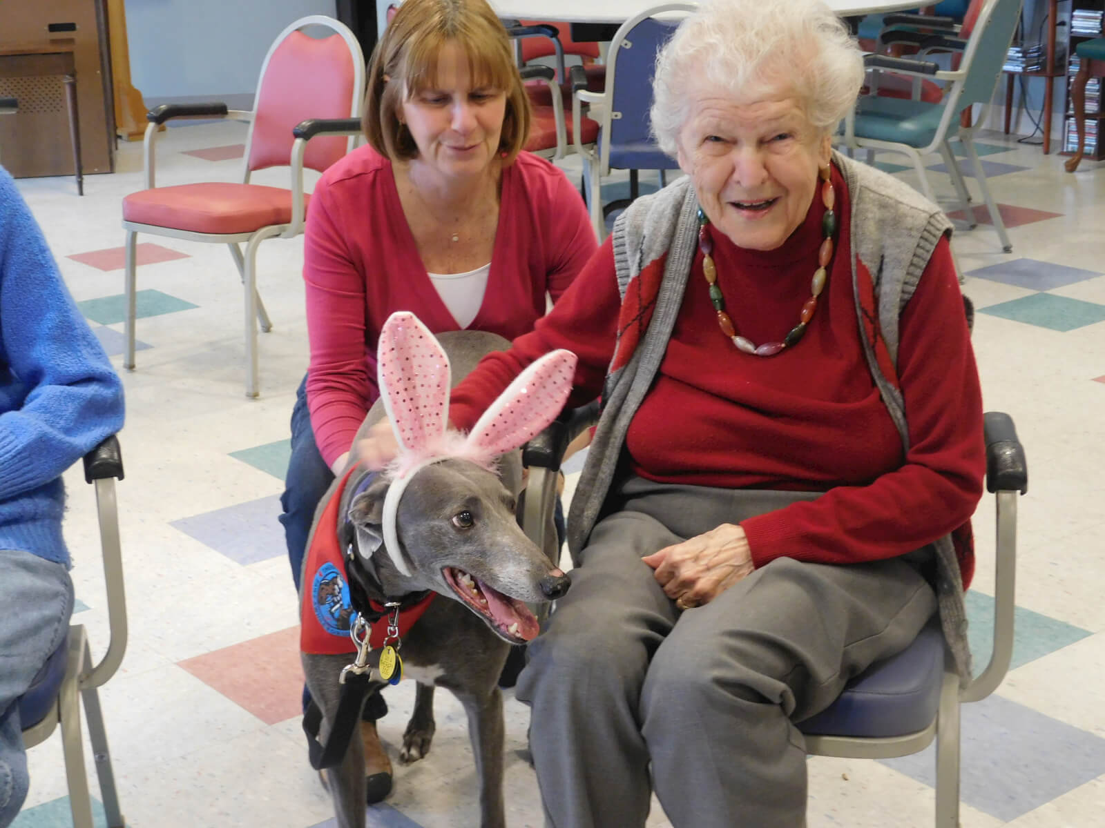 Brandi and Jones with resident Elaine Koch at Westwood Commons