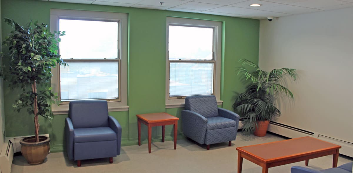Room with green and white walls. Two windows and two blue chairs.