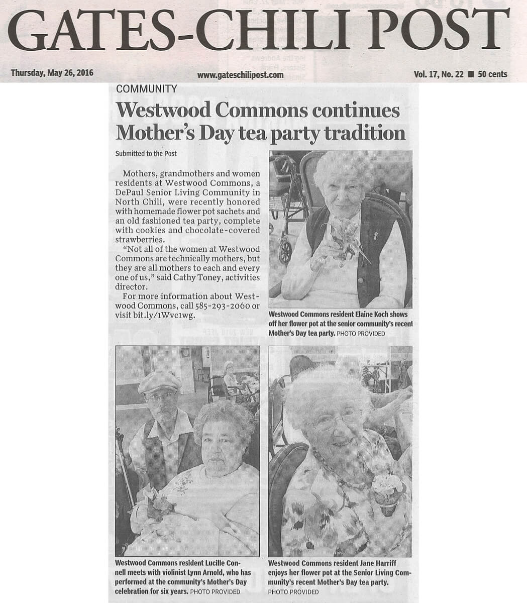 Westwood Commons Mother's Day Tea Party Tradition article in the Gates Chili Post May 26, 2016