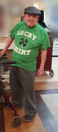 Heath House resident Benedict Pepitone wearing his lucky Irish shirt