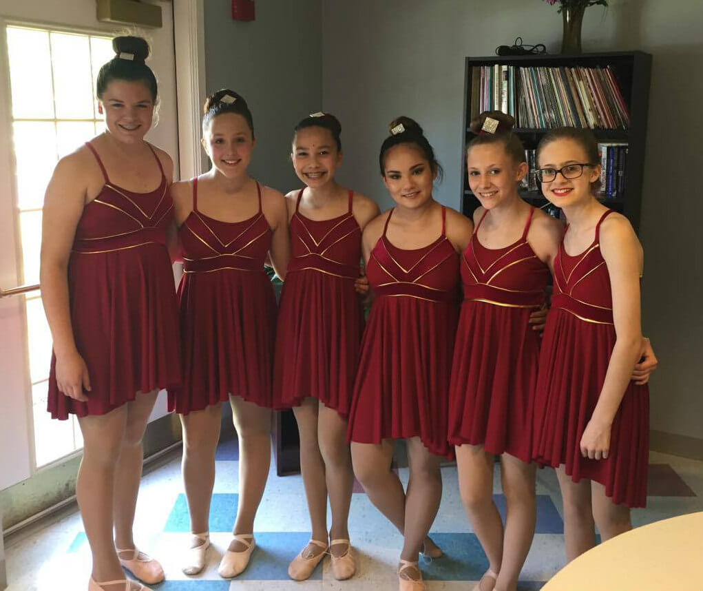 Spotlight dancers Abbie, Mikenna, Isabelle, Jessica, Erin and Morgan in costume at Westwood Commons