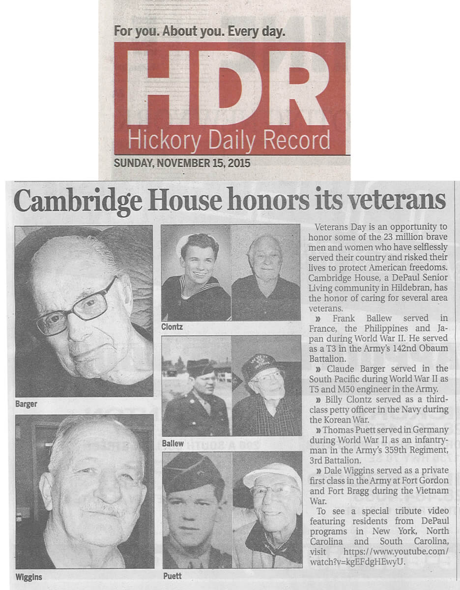 Cambridge House honors Veteran's Day article in the Hickory Daily Record November 15, 2015