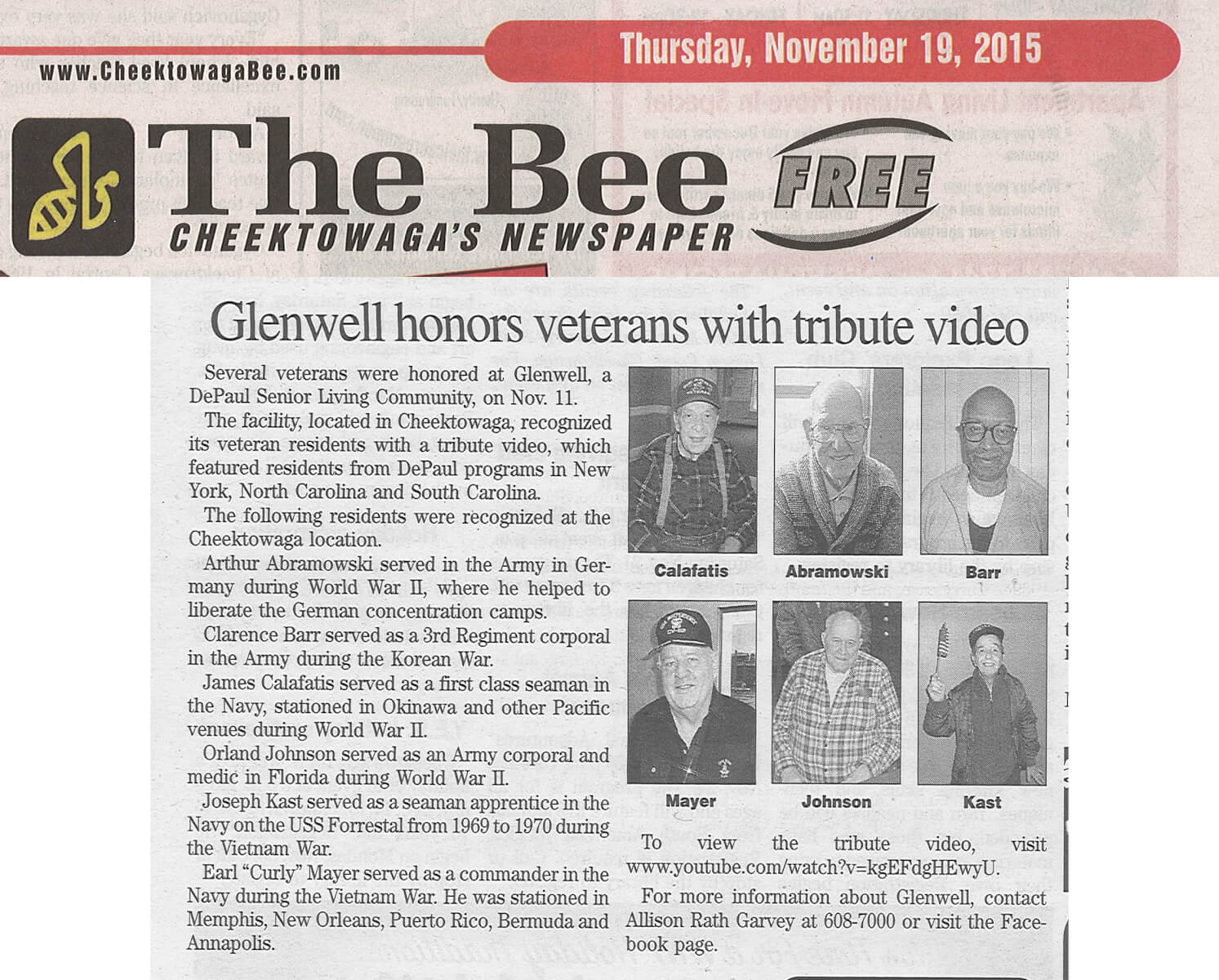 Glenwell Honors Veteran's Day article in the Cheektowaga Bee November 19, 2015