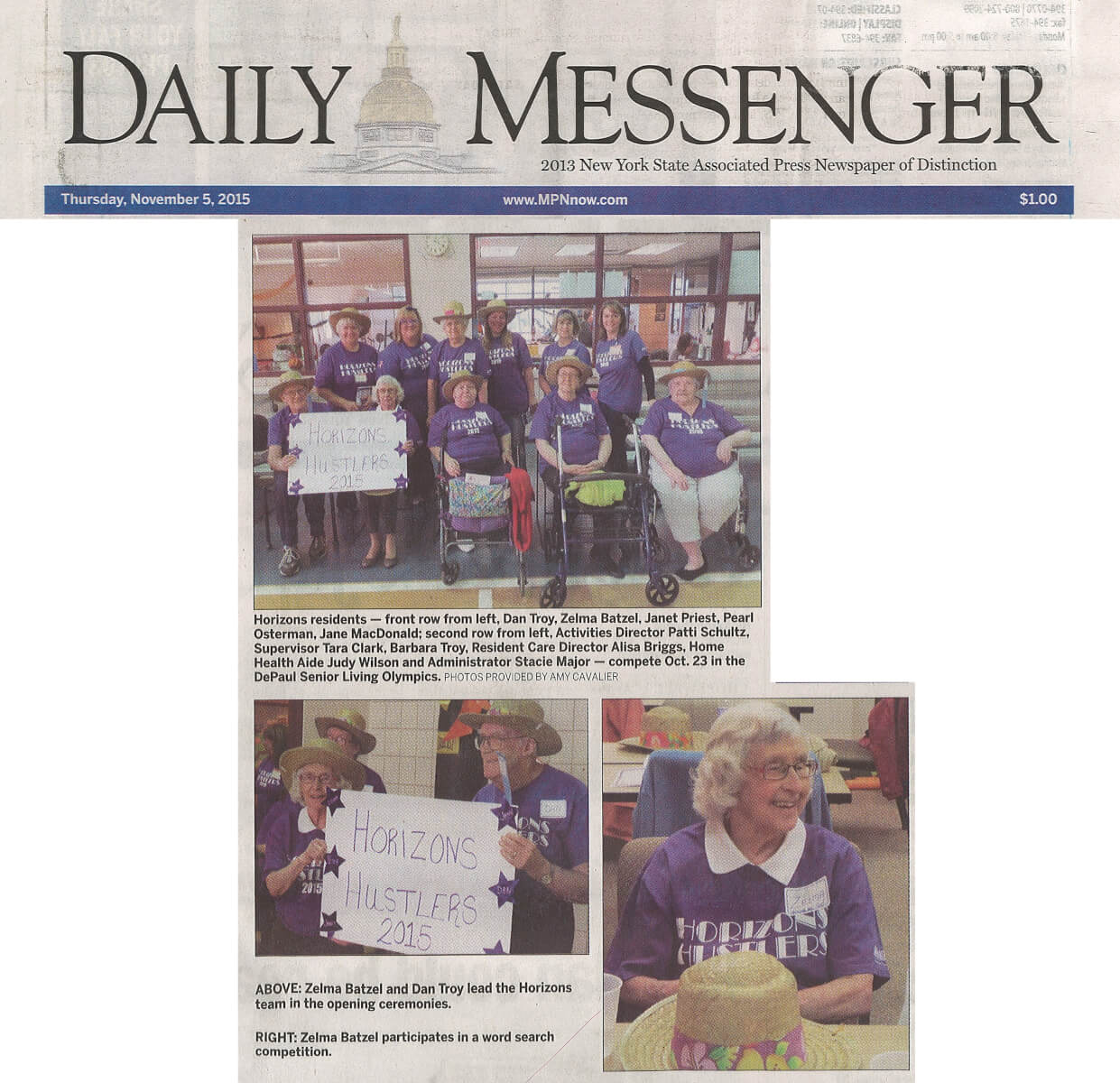 Horizons Senior Olympics article in the Daily Messenger November 5, 2015