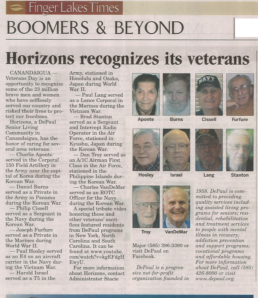 Horizons recognizes Veteran's Day in the Finger Lankes Times November 15, 2015