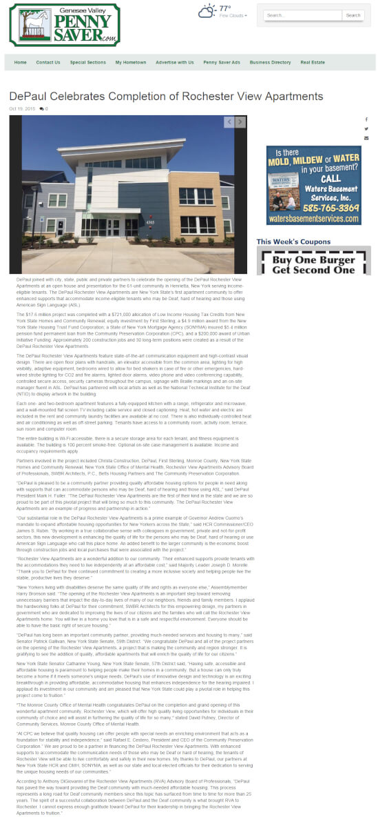 DePaul RVA Grand Opening article in the Genesee Valley Pennysaver