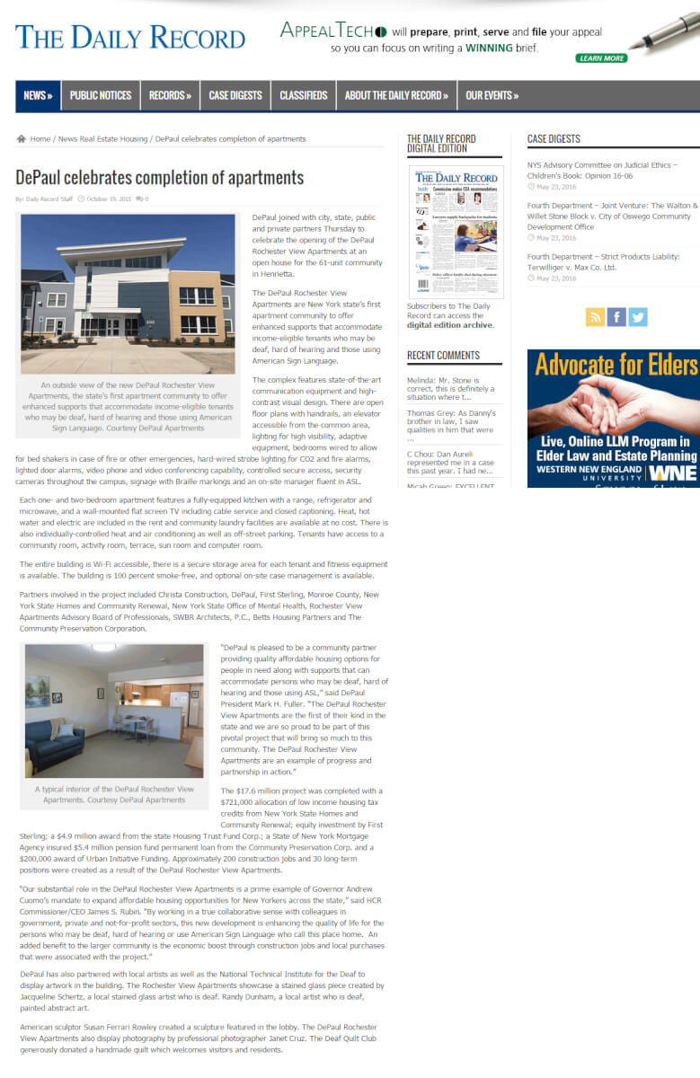 Rochester View Apartments Open House article in The Daily Record 2015