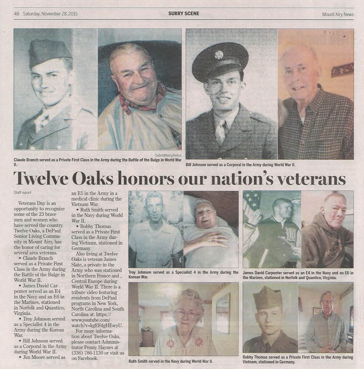 Twelve Oaks honors Veteran's Day article in the Surry Scene November 28, 2015