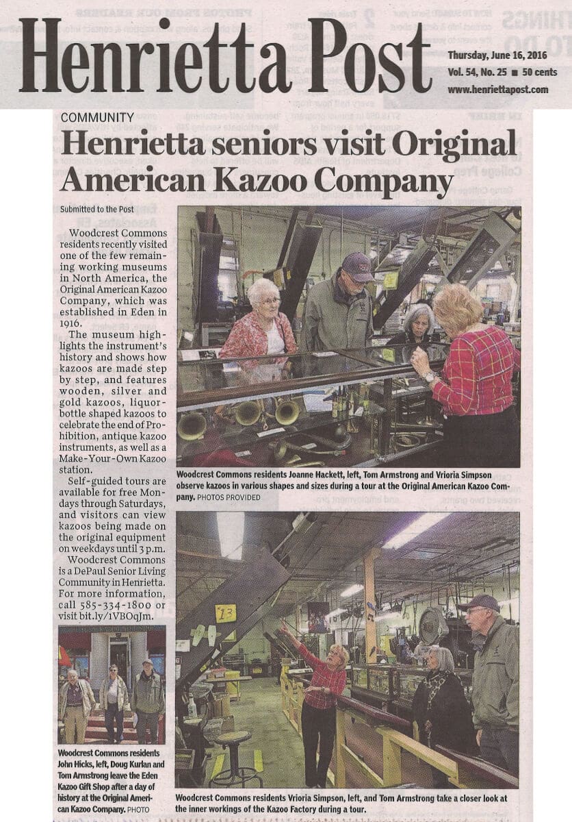 Woodcrest Commons Seniors Visit Original American Kazoo Company (Henrietta Post June 16, 2016
