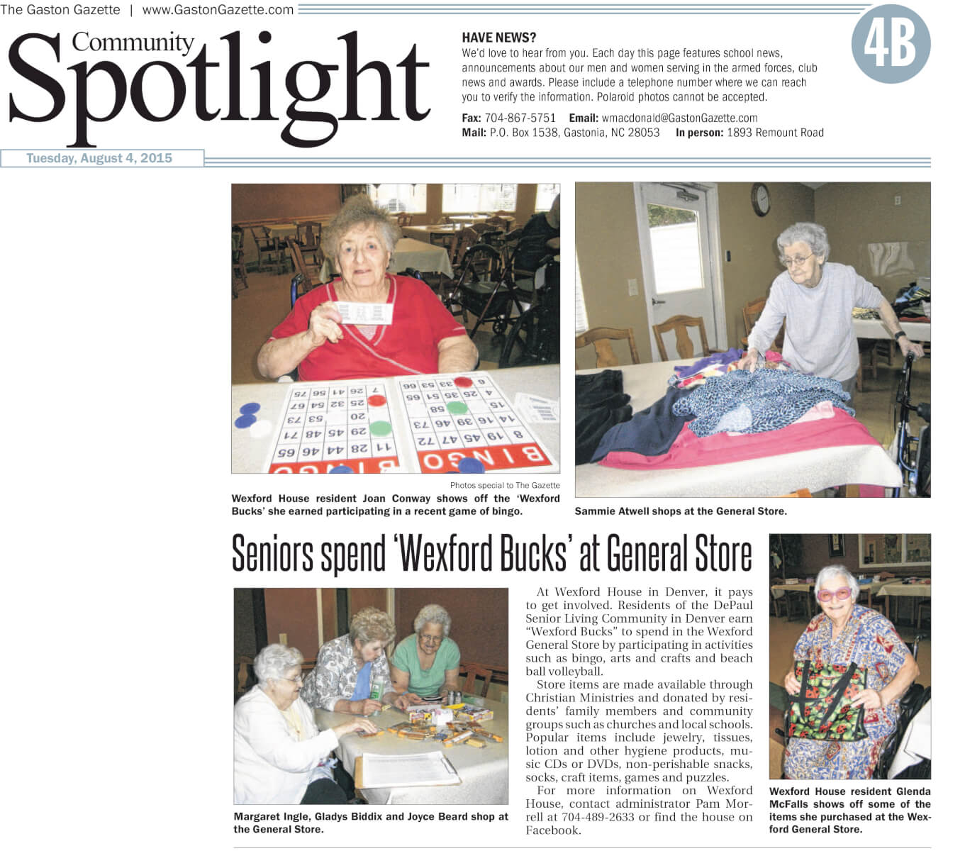Seniors spend Wexford bucks at the general store, story in the The Gaston Gazette August 4, 2015