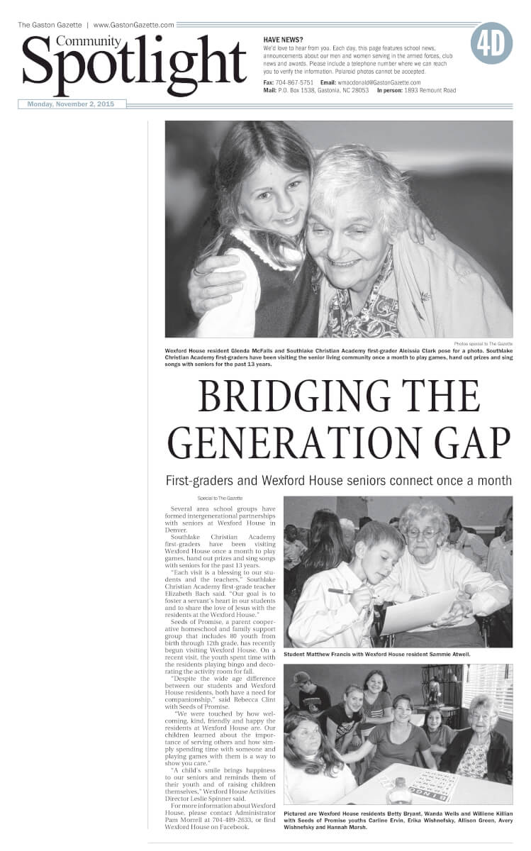 Wexford House Assisted Living Bridging the Generation Gap, article in the Gaston Gazette November 2015