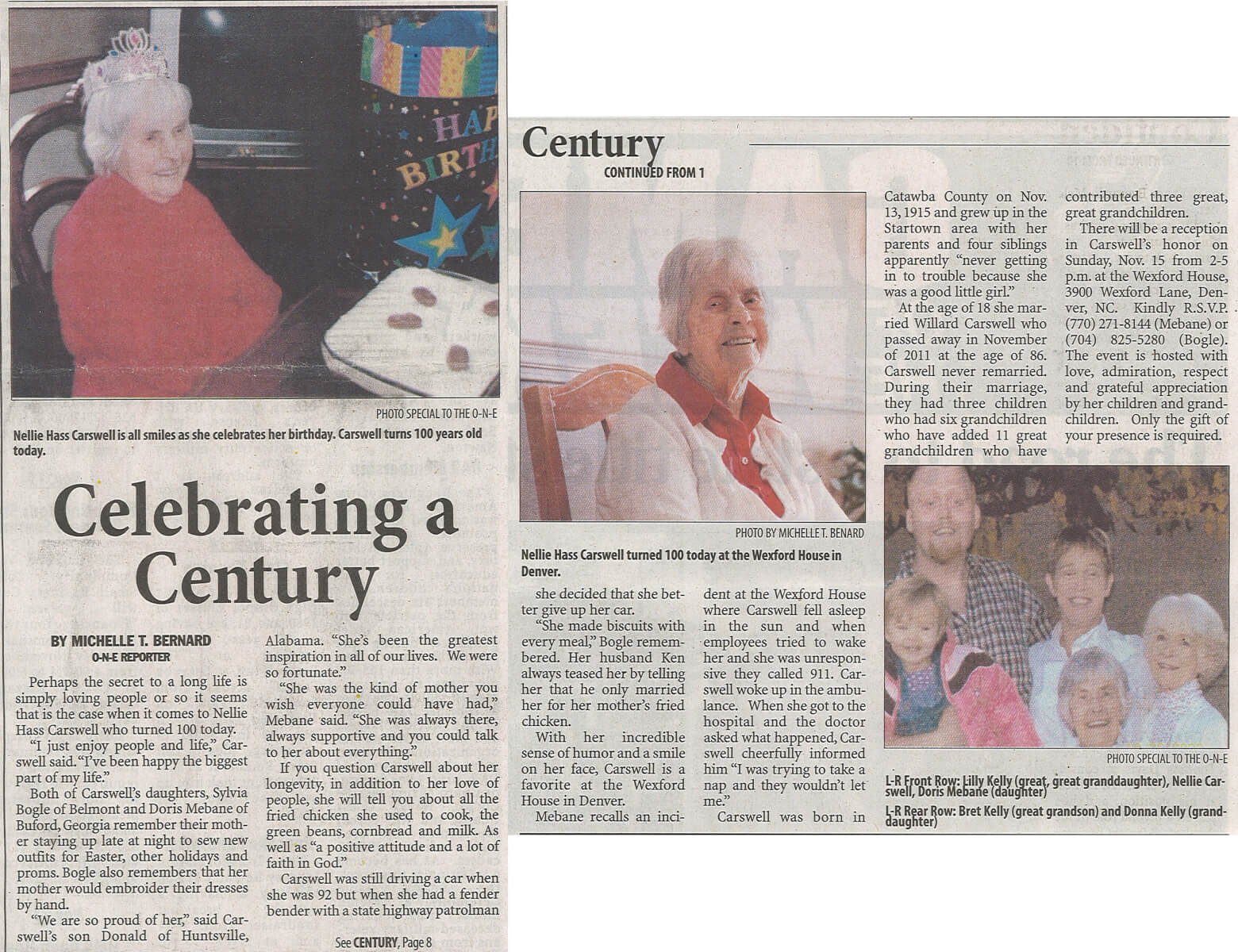 Wexford House Resident Nellie Carsewell celebrates 100th birthday in the News Enterprise November 13, 2015