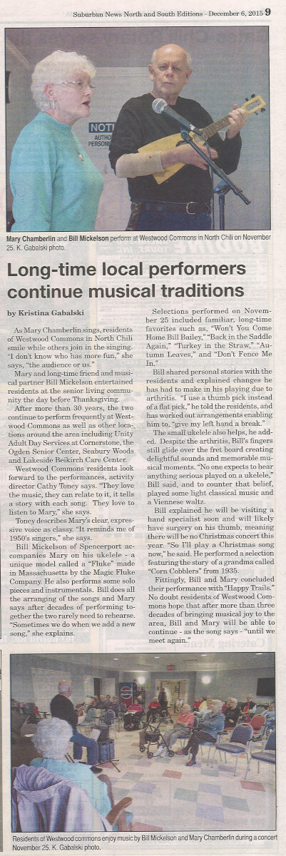 Westwood Commons has a visit from local musicians article in the Suburban News December 6, 2015