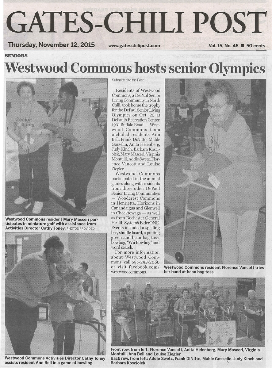 Westwood Commons Senior Olymipcs article in the Gates Chili Post November 12, 2015