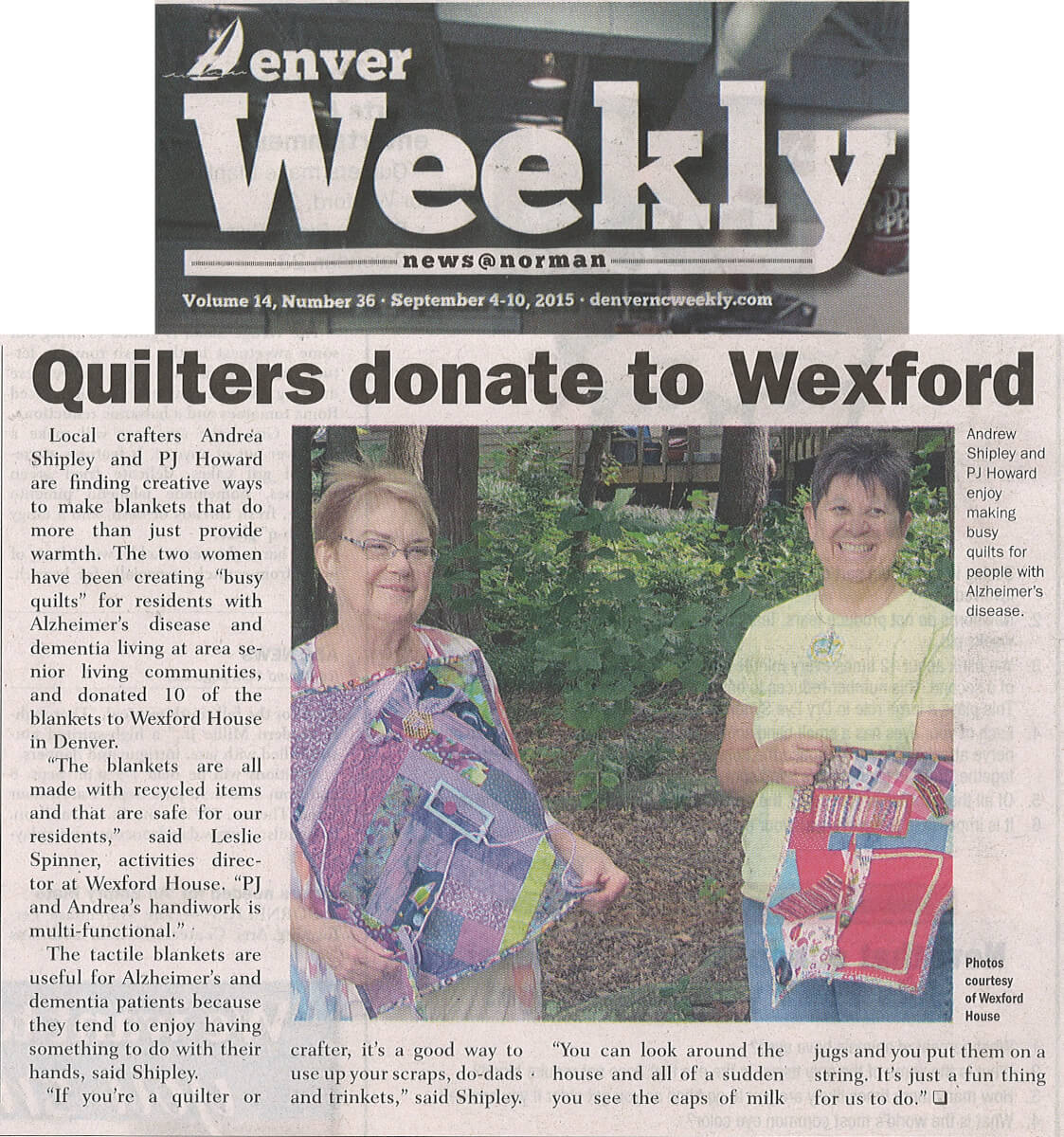 Wexford House receives Busy Blankets donation for residents with Alzheimers story in the Denver Weekly September 4-10, 2015