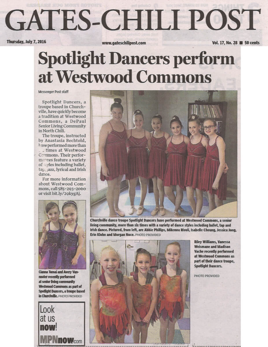 Westwood Commons gets a visit from Spotlight Dancers, July 7, 2016 story in the Gates Chili Post