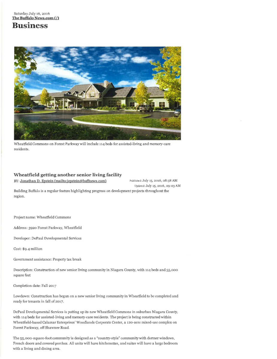 Wheatfield Commons Senior Living Community article in the Buffalo News 2016