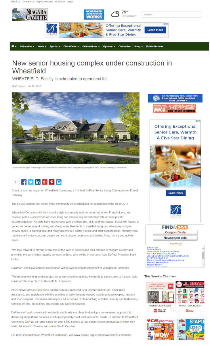 Wheatfield Commons Senior Living Community article in the Wheatfield Niagara Gazette July 17, 2016