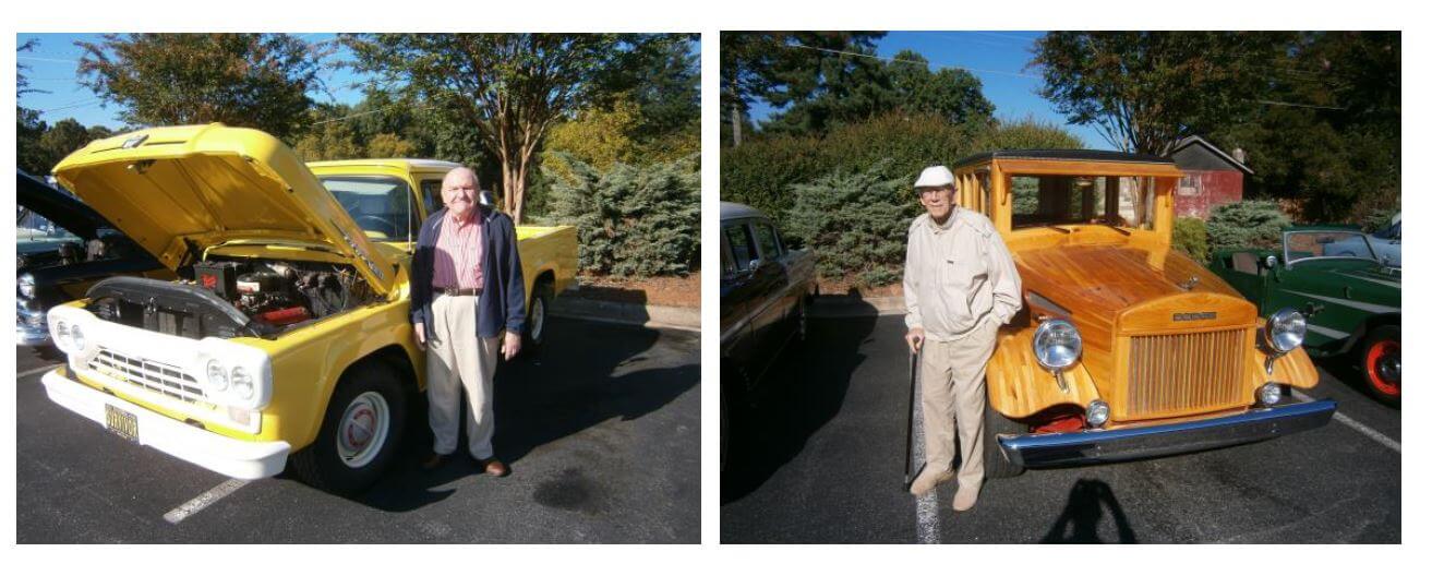  Cambridge House resident Jerry Hudson checks out a yellow 1960 Ford pick-up truck while Thomas Puett enjoys a 1979 Dodge Woody Wagon.