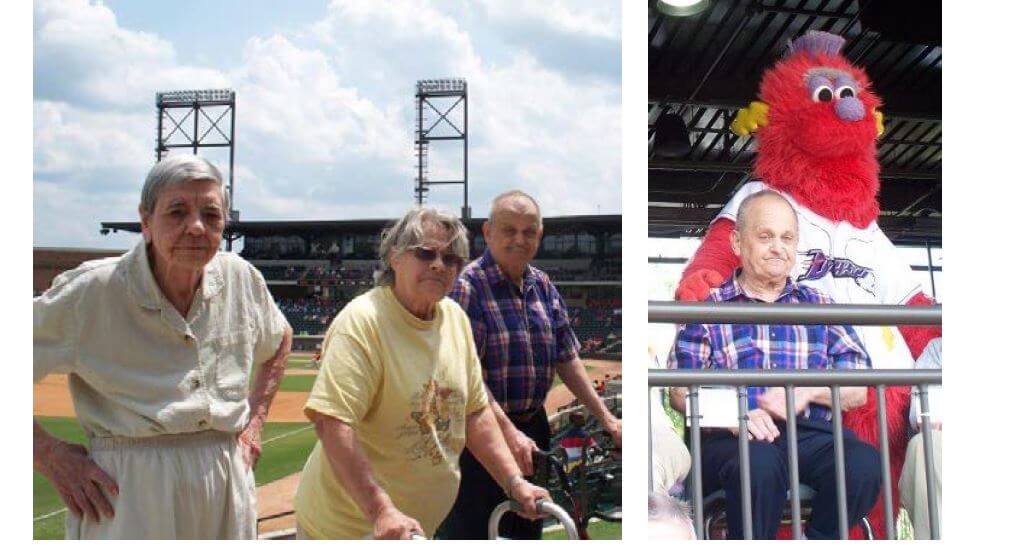 Southfork residents Dorothy Cole, Pat Mitchell and Gerald Edwards soak up some sun during a July 30th game at the BB&T Ballpark and  Gerald Edwards with Bolt, the team mascot