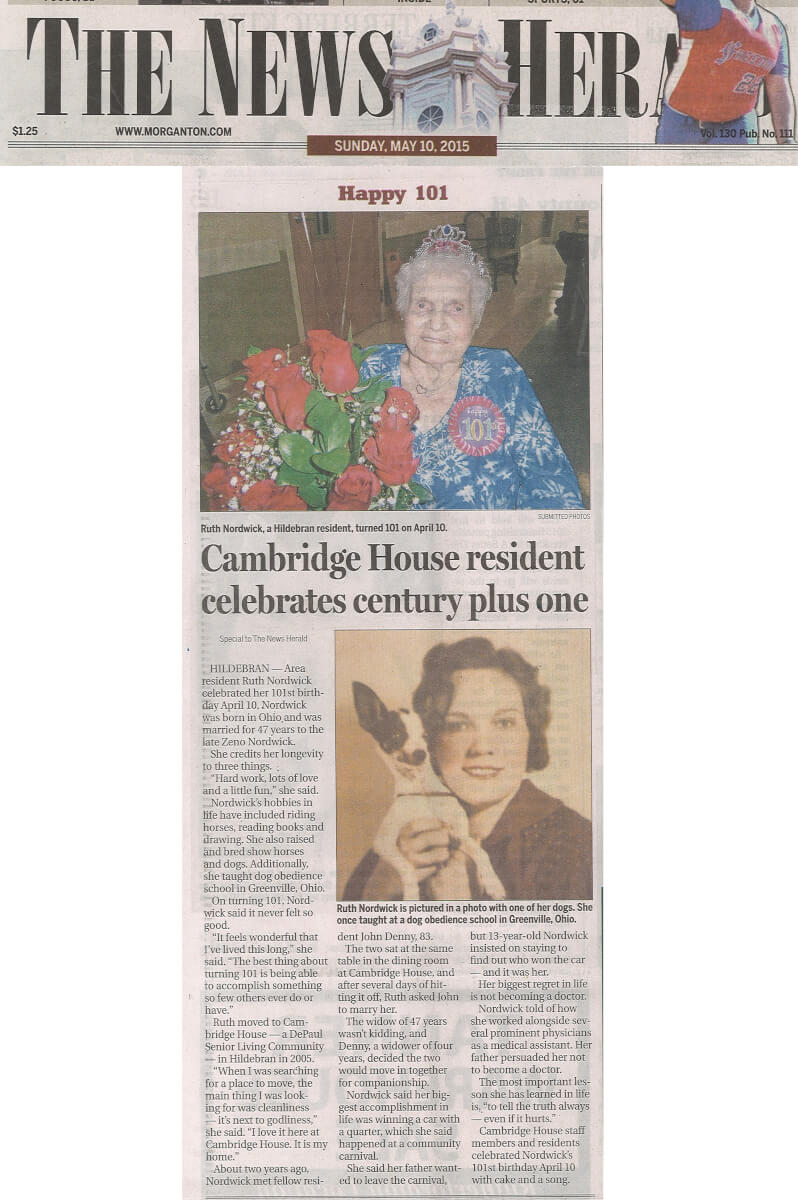 Cambridge House Assisted Living Resident Ruth Nordwick turns 101 story in the News Herald May 10, 2015