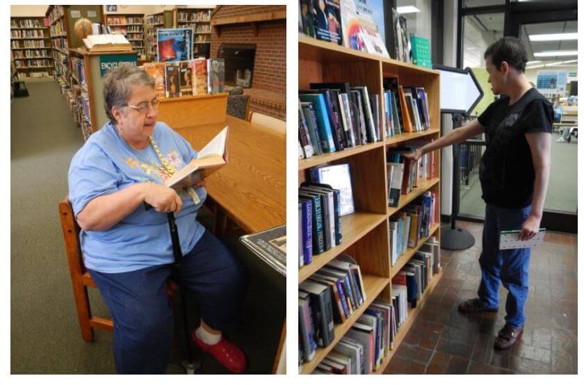 Southfork residents Judy Sink and Sherry Colbert picking out books at the library