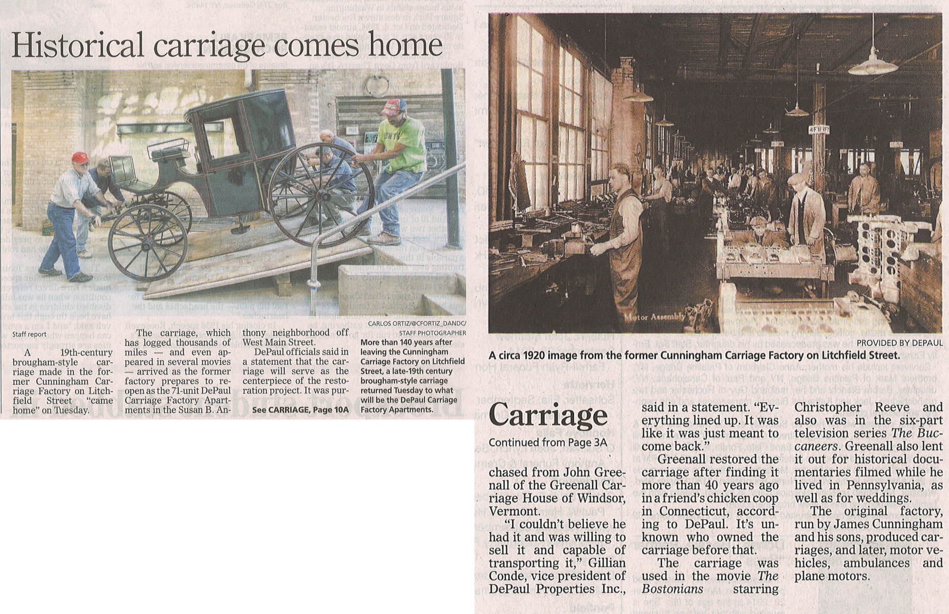Carriage Factory Apartments, Historical Carriage Comes Home article in the D&C October 1, 2014