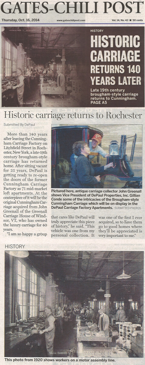 Historic Carriage Returns to the Carriage Factory Apartments in Rochester, NY article in the Gates-Chili Post October 15, 2014