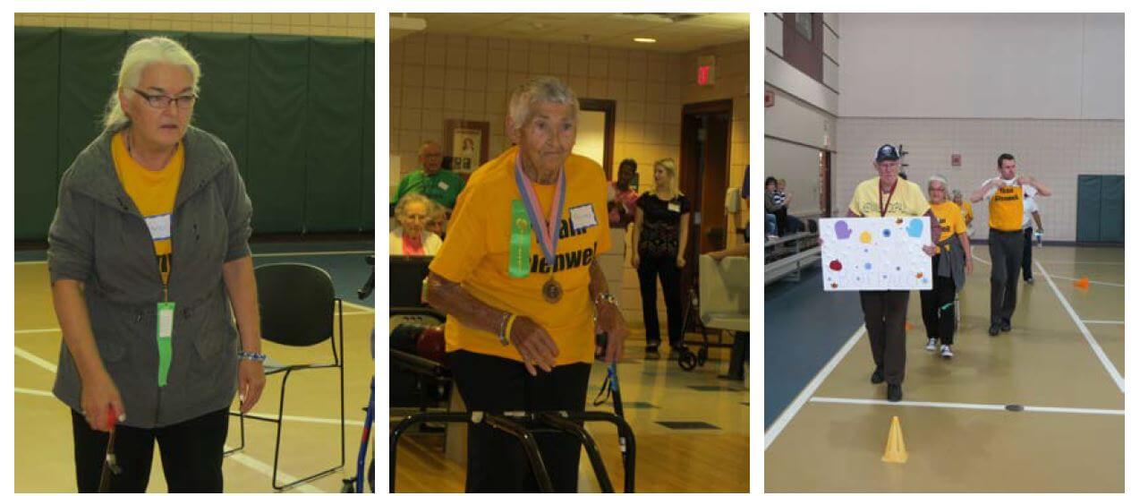 Glenwell resident Karen Mozingo competes in ladder golf while Shirley Hanes keeps her eye on the gold in bowling. Kenwell resident Donald Zipp leads the opening ceremonies parade followed by Karen Mozingo and Glenwell Activities Director Scott Wieser.