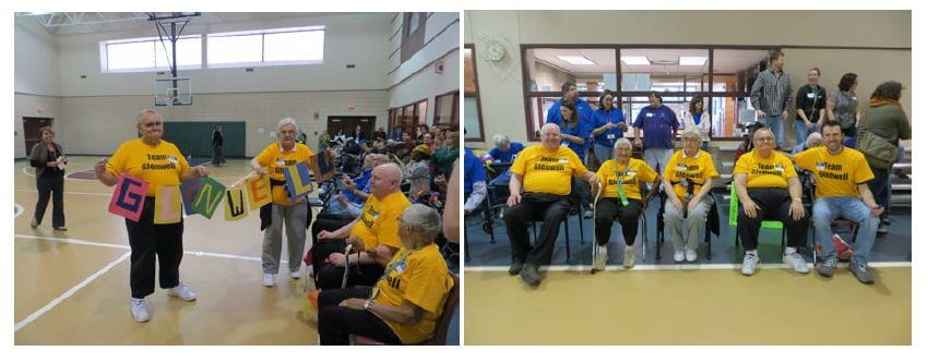 Glenwell residents open the Glenwell flag during the DePaul Senior Olympics opening ceremonies and Activities Director and residents await the start of the games.