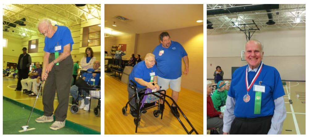 Horizons resident Dan Troy takes his best shot at golf, Janet Priest gets assistance from Horizons Activities Director Curt Sanger in bowling, and Charles VanDeMar beams after taking home a medal in ladder golf.