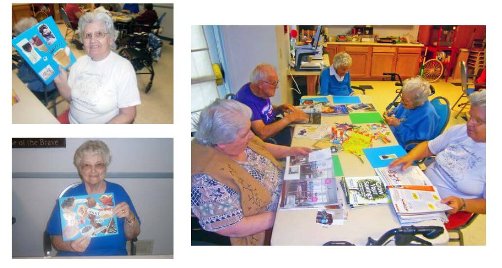 creating their National Assisted Living Week collages are Horizons residents Barbara Troy, Ruth Stanton, Jane MacDonald, Dan Troy, Shirlie Pepp and Mary Baker.