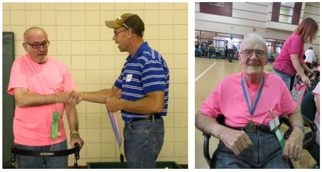  Horizons resident Paul Lang accepts his first place medal in golf while resident Dan Troy smiles over a win in ladder golf.