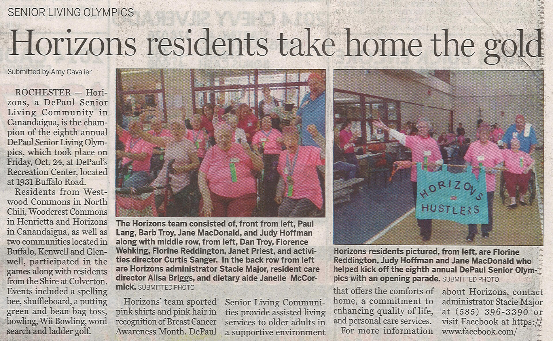 Horizons takes gold in the Senior Olympics article in the Daily Messenger November 18, 2014