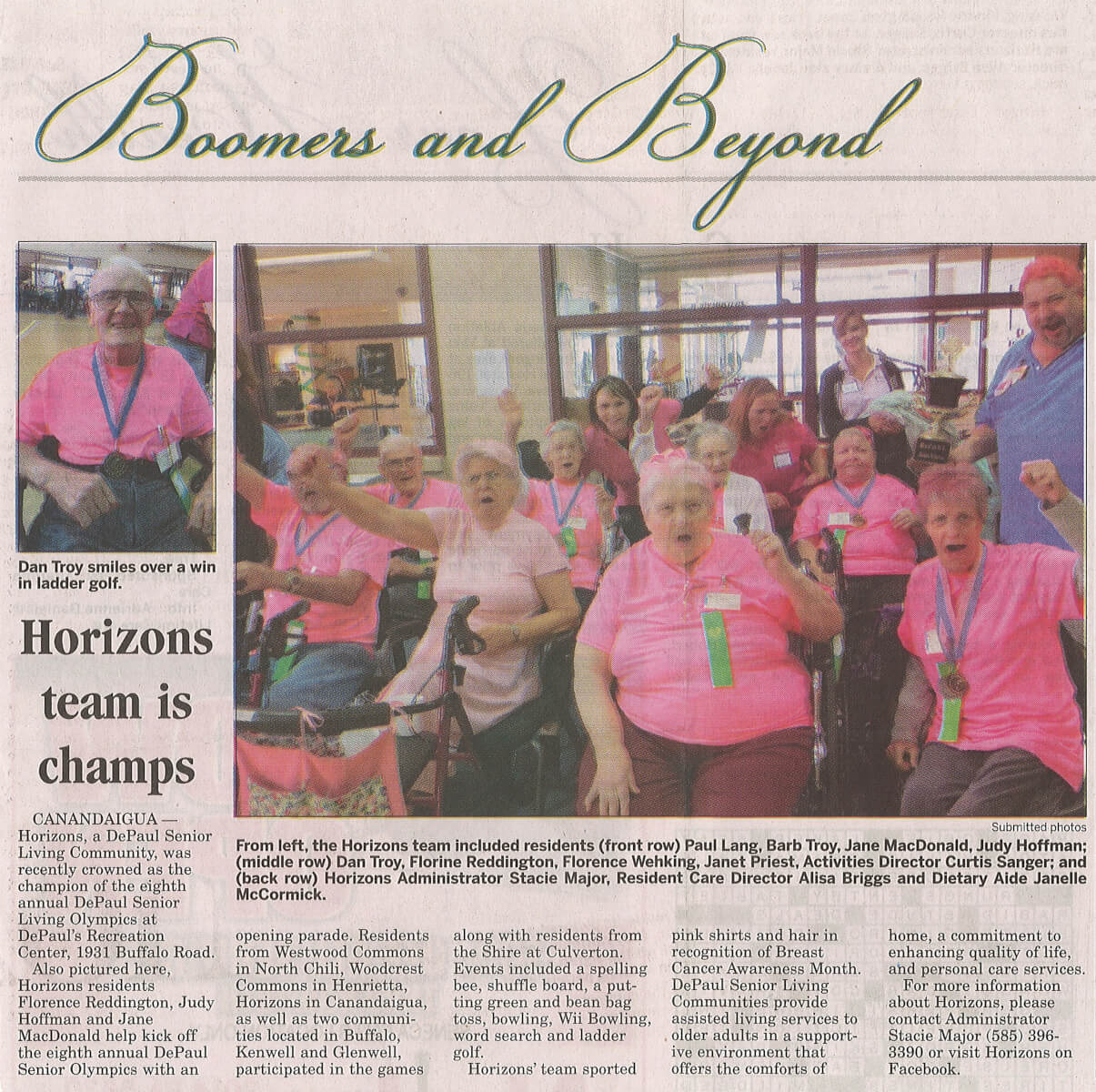 Horizons Win the Senior Olympics article in Boomers and Beyond, November 9, 2014 