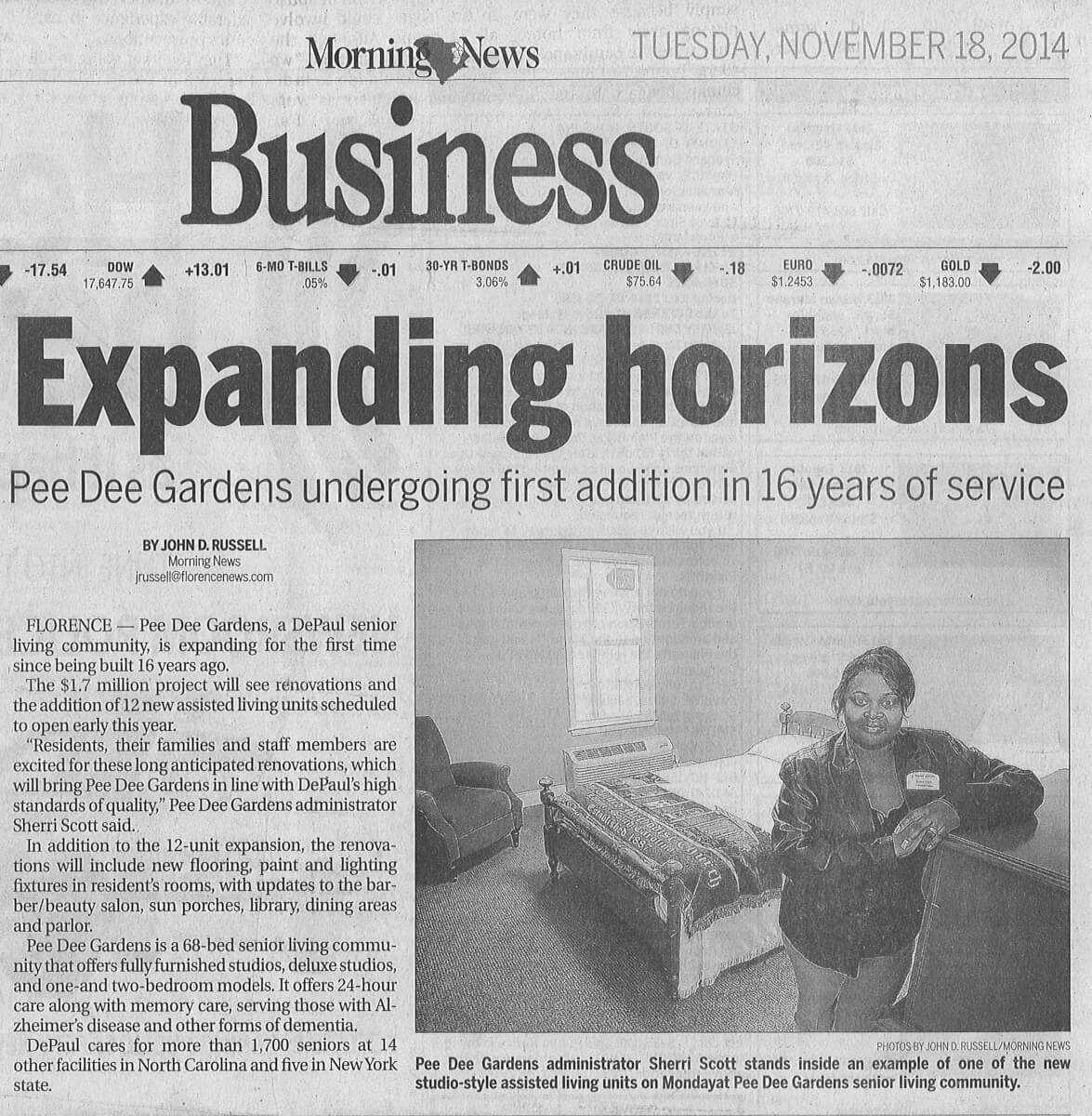 Pee Dee Gardens expansion article in the Morning News November 18, 2014