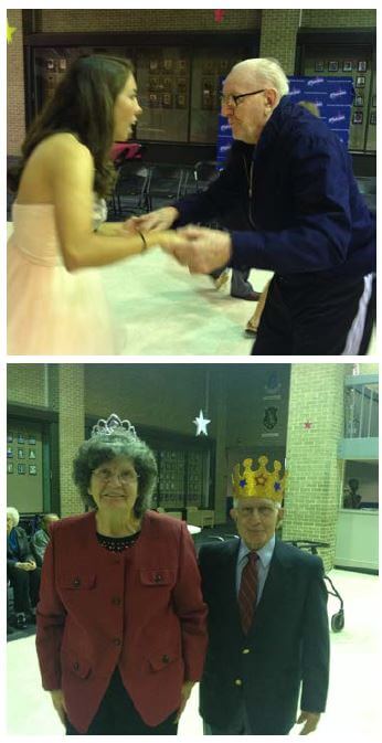 Residents of Pee Dee Gardens sharing a dance with members of The Francis Marion University Softball Team at Senior Prom and Prom king and queen wearing their crowns