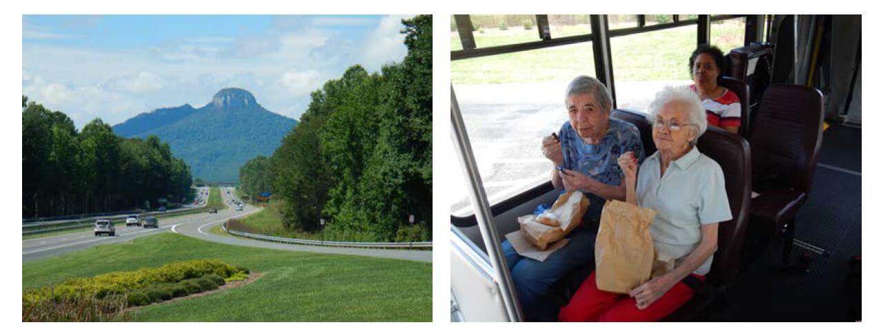 Scenic driving view and Southfork residents Dorothy Cole, Bernice Meyer and Delcie Purvis enjoy lunch on the bus during a daytrip to Pilot Mountain