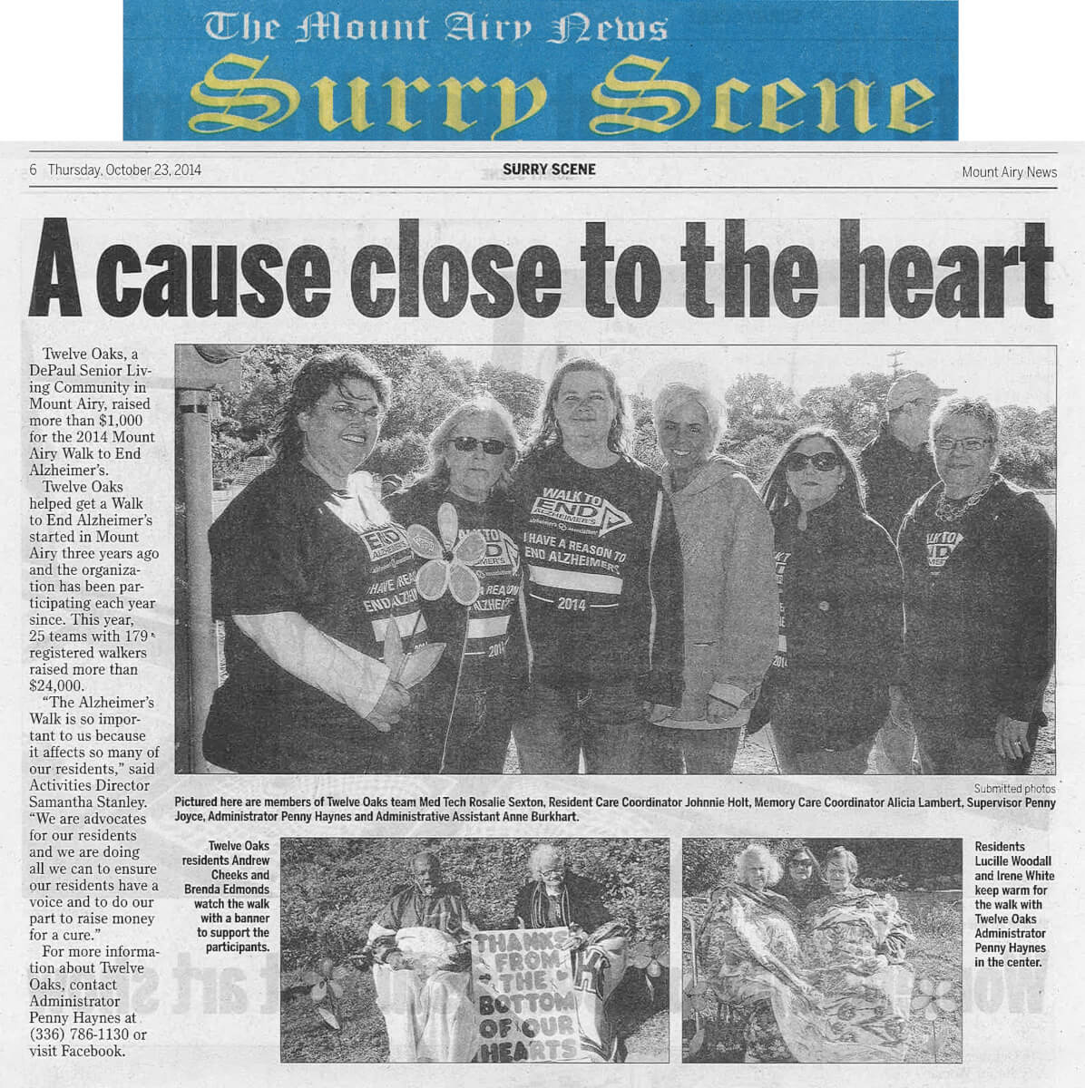 Twelve Oaks Senior Living Raises money for Alzheimer's Walk article in the Mt. Airy News October 23, 2014