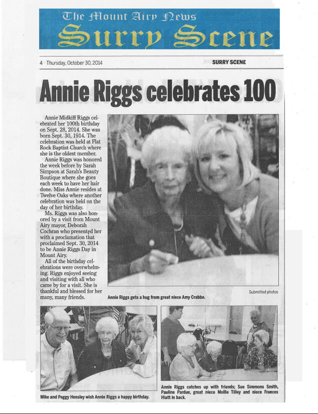 Twelve Oaks Resident Annie Riggs turns 100 article in the The Mount Airy News Surry Scene October 30, 2014