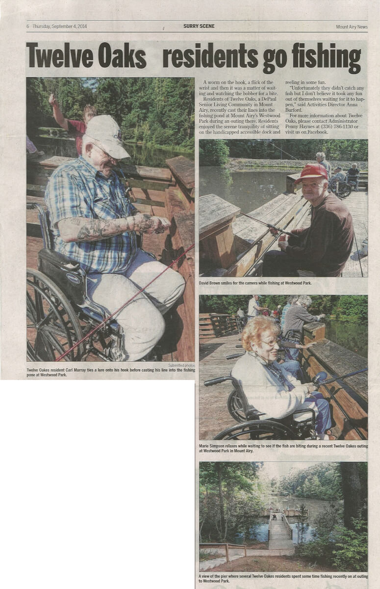 Twelve Oaks Assisted Living Residents Go Fishing Article in the Mount Airy News September 4, 2014