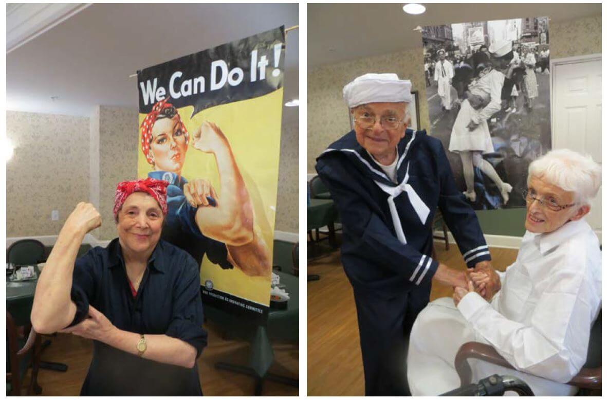 Mary Masceri depicts Rosie the Riveter while Frank DiNitto and Mary McDonnell reenact a famous kissing scene captured in Times Square 