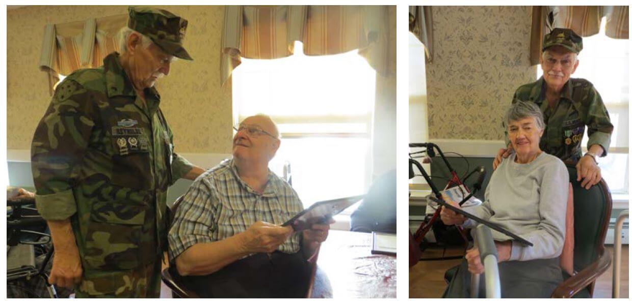  retired Combat Sargent Jim Reynolds of North Chili presents Westwood Commons’ residents Richard Higgins and Patricia Carberry with certificates of recognition for their service