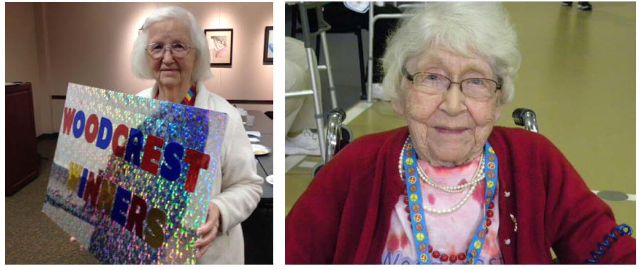 Woodcrest Commons residents Clare Housen shows off her Woodcrest Commons pride while Doris Hewitt takes in DePaul’s seventh annual Senior Olympics.