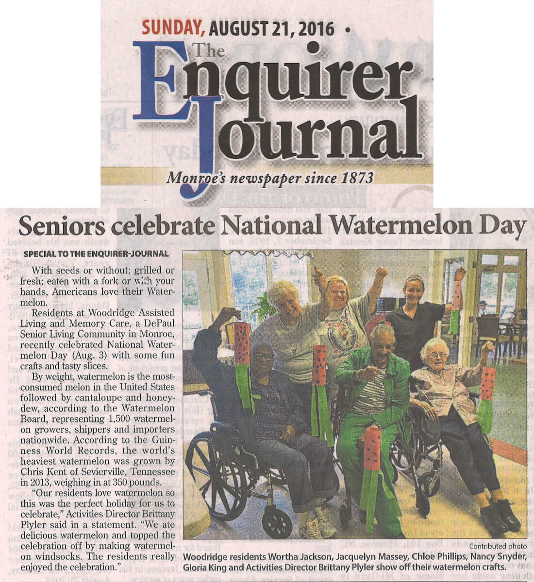 Woodridge Assisted Living residents celebrate national watermelon day, August 21, 2016 story in the Enquirer Journal 