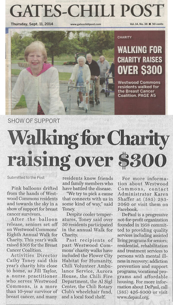 Westwood Commons Charity Walk Raises over $300 article in the Gates Chili Post September 11, 2014