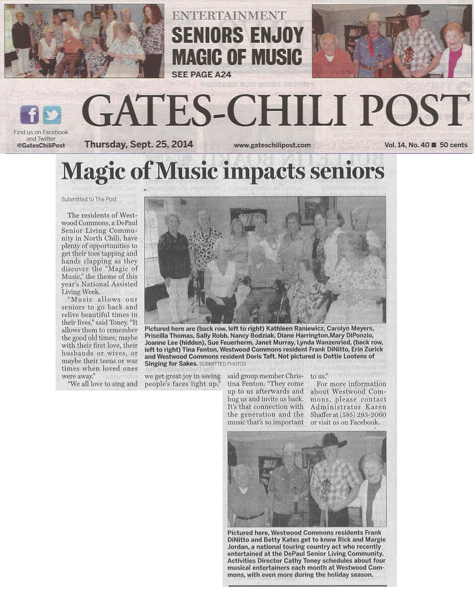 Westwood Commons Magic of Music, article in the Gates Chili Post  September 25, 2014