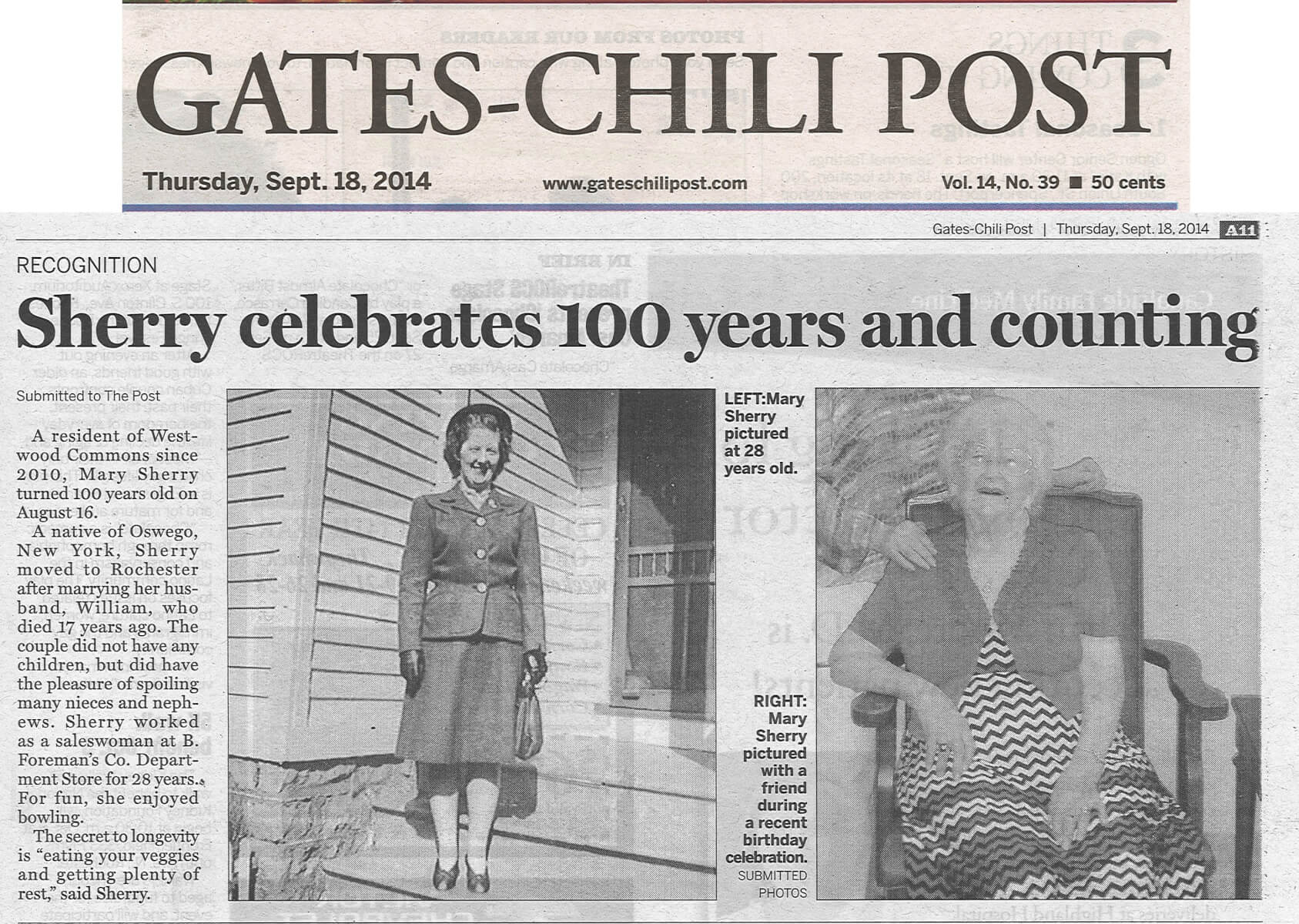 Westwood Commons' Resident Mary Sherry turns 100 story in the Gates Chili Post September 18, 2014