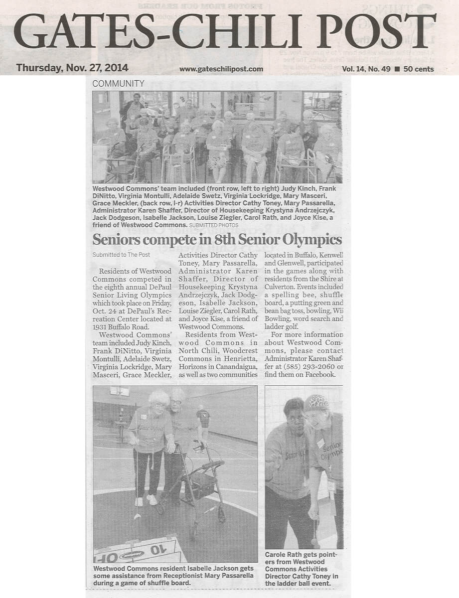 Westwood Commons compete in the Senior Olympics story in the Gates Chili Post November 27, 2014